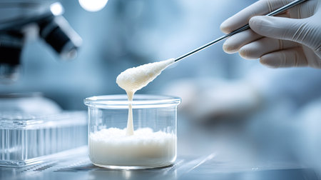 A sterile laboratory environment features a hand holding tweezers, carefully lifting a viscous biological sample from a glass container, demonstrating precision in scientific research.の素材