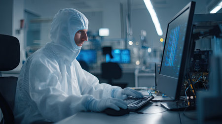 A focused technician in protective clothing works diligently on a computer system in a modern laboratory filled with technological advancements.の素材