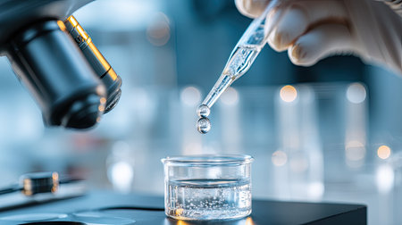 A detailed view of a scientist's hand using a pipette to dispense liquid in a laboratory setting, highlighting precision and advanced techniques in research.の素材