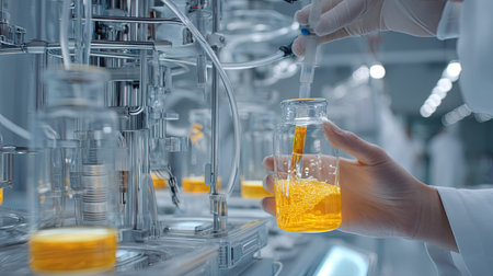 A laboratory technician carefully transfers a bright yellow liquid using a pipette into a glass container within a modern research facility. The setting showcases advanced laboratory equipment and precise scientific processes, highlighting the skilled work involved in various analytical methods.の素材