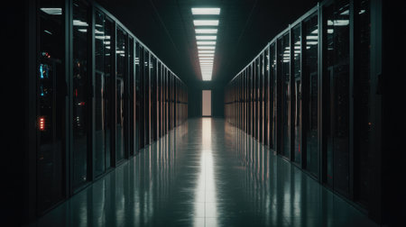 This captivating image features a dark server room highlighting rows of computer racks, creating a dramatic perspective toward a bright exit, symbolizing technology's future.の素材