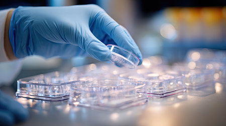 A close-up view of a gloved hand carefully handling a petri dish in a modern laboratory, highlighting the precision and attention to detail in scientific research.の素材