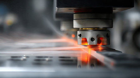 This image captures a close-up of a high-precision laser cutting machine in action, showcasing the laser beam interacting with a metal surface, highlighting modern manufacturing techniques.の素材