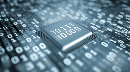 A captivating visual representation of a microchip embedded within an ocean of binary code, symbolizing the essence of digital technology and data processing.の素材