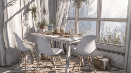 A serene winter breakfast scene featuring a stylish table with white chairs, natural light streaming through large windows, and cozy decor.の素材