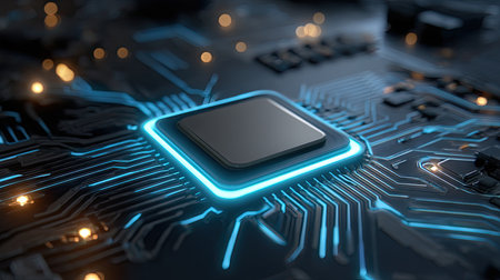 This close-up image showcases a modern microchip on a circuit board, featuring intricate designs and glowing blue lights, representing advanced technology.の素材