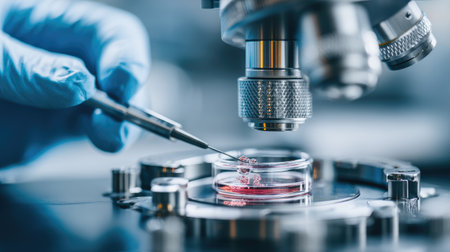 A focused researcher in a laboratory environment utilizes a microscope to analyze a biological sample placed on a petri dish, showcasing modern scientific techniques.の素材
