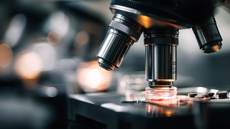 This image showcases a close-up view of a sophisticated microscope lens positioned above a glass petri dish. The background features softly blurred laboratory lights, creating a professional ambiance ideal for scientific research and analysis.の素材