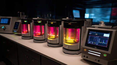A modern laboratory featuring multiple bioreactors with vibrant colored liquids, showcasing advanced technology and innovative monitoring equipment for scientific research.の素材