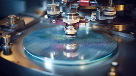 Close-up view of advanced technology used for manufacturing semiconductor wafers, showcasing precision machinery and intricate details in a cleanroom.の素材