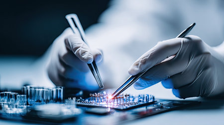 A detailed view of skilled hands wearing gloves expertly manipulating microchips with precision tools in a laboratory setting, showcasing advanced technology.の素材