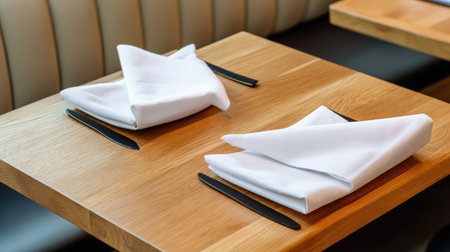 This image showcases a beautifully arranged table setting featuring crisp white napkins and sleek black cutlery. A light wood surface enhances the elegant and modern atmosphere, perfect for dining experiences.の素材