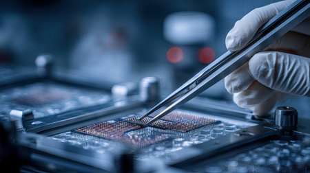 A close-up image capturing a hand wearing a glove using tweezers to handle a microchip on a laboratory surface, illuminated by blue light.の素材