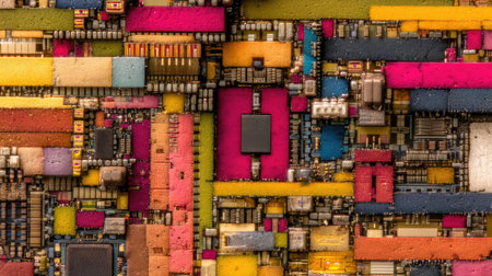 Dive into this striking and colorful abstract representation of electronic circuits and microchips, showcasing the vibrant interplay of technology and design.の素材