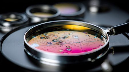 A close-up image of a magnifying glass positioned over vibrant, colorful fluid featuring intricate geometric patterns. The bokeh background enhances the artistic quality of this scientific exploration scene.の素材