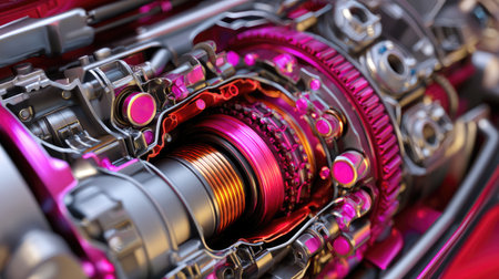 This detailed close-up showcases a modern engine component featuring vibrant magenta highlights and intricate metallic textures, emphasizing technology and innovation in engineering.の素材