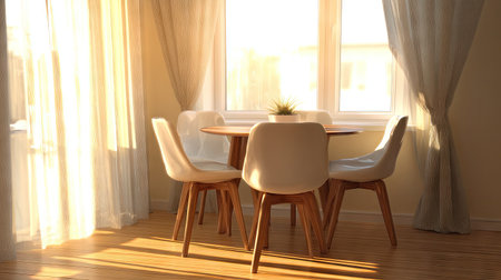 A beautiful modern dining area featuring a round wooden table and white chairs. Golden sunlight streams through the curtains, creating a warm and inviting atmosphere perfect for meals and gatherings.の素材