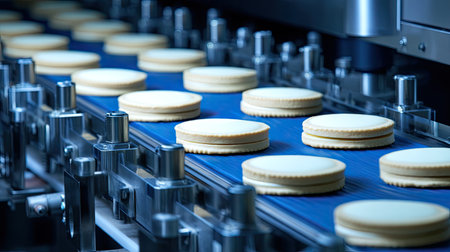 A close-up view of cream-filled cookies moving along a conveyor belt in a modern industrial factory. The precise arrangement highlights the automation and efficiency of the baking process, showcasing quality craftsmanship in food production.の素材