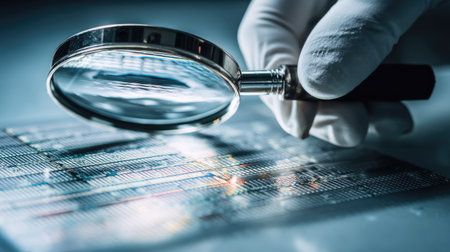 A close-up image showcasing a hand in a glove examining laboratory data through a magnifying glass, emphasizing medical research and analytical precision.の素材