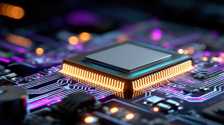 This close-up image showcases a microprocessor on a circuit board, featuring colorful backlighting and intricate electronic components, symbolizing modern technology.の素材