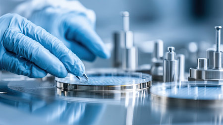 A meticulous researcher wearing blue gloves conducts experiments in a modern cleanroom laboratory. The image showcases precise tools and samples on a sterile surface, reflecting dedication to scientific advancement.の素材