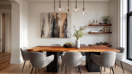 This elegant dining room features a stylish wooden table paired with plush chairs, complemented by modern decor and warm lighting, creating a cozy atmosphere perfect for gatherings.の素材