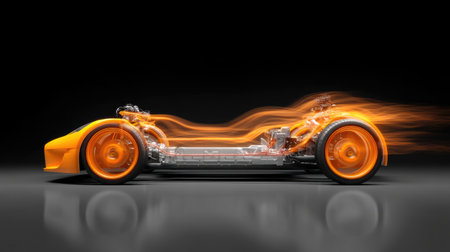 This striking image features a conceptual illustration of an orange sports car chassis, showcasing dynamic motion and energy effects. The design emphasizes speed and innovation, perfect for automotive enthusiasts.の素材