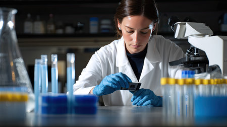 A dedicated scientist focuses on analyzing microbiological samples in a modern laboratory, showcasing the blend of research, technology, and precision science.の素材