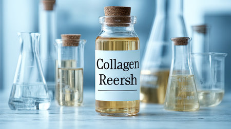 A collection of clear glass bottles filled with liquid on a wooden table in a laboratory setting. The focus is on research and experimentation with an emphasis on purity and health.の素材