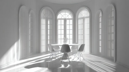 This image features a modern minimalistic interior with bright sunlight filtering through elegant windows. The stylish furniture enhances the serene atmosphere, making it perfect for showcasing contemporary design.の素材