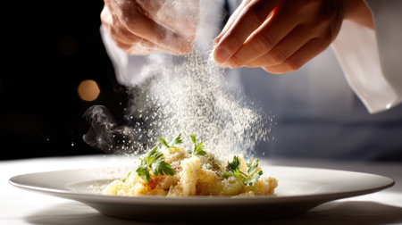 A skilled chef expertly garnishes a gourmet dish with a sprinkle of fresh herbs, showcasing culinary artistry in an elegant restaurant setting.の素材