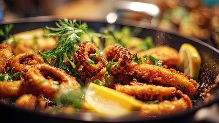 Indulge in a mouthwatering dish of crispy fried octopus accentuated by fresh herbs and zesty lemon slices, perfect for seafood lovers.の素材