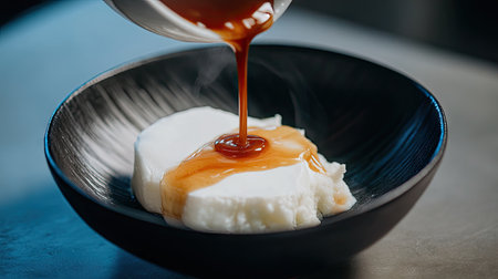 A close-up shot of silky tofu topped with a sweet sauce, beautifully arranged in a black bowl, exemplifying modern food photography and culinary art.の素材