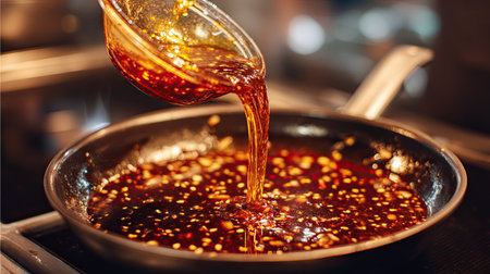 A chef pours a rich, shiny sauce into a hot pan, creating a mouthwatering aroma and inviting warmth. Perfect for culinary projects, this image captures the essence of flavorful cooking.の素材