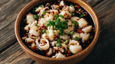 A vibrant close-up of freshly prepared squid in a spicy sauce, garnished with chopped green onions, served in a rustic wooden bowl. The dish showcases delightful textures and flavors, perfect for food lovers and culinary enthusiasts.の素材