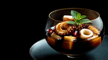 A sophisticated seafood presentation showcases tender octopus with vibrant fruit and fresh herbs in a stylish glass bowl, perfect for gourmet dining.の素材