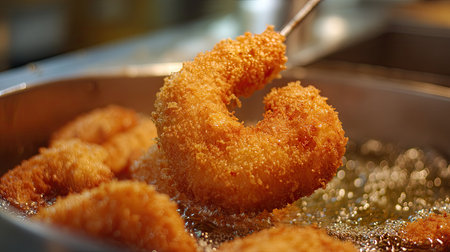 A stunning close-up of crispy fried food being removed from hot oil, showcasing the golden texture and the excitement of culinary preparation in action.の素材