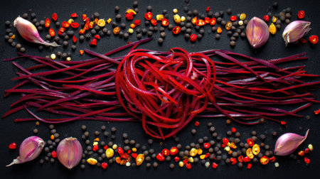 A stunning arrangement of vibrant red ingredients including garlic, red peppers, and spices, perfect for culinary art and gourmet presentation.の素材