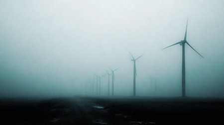 A captivating landscape featuring a row of wind turbines shrouded in dense fog, creating a serene yet mysterious atmosphere in nature.の素材