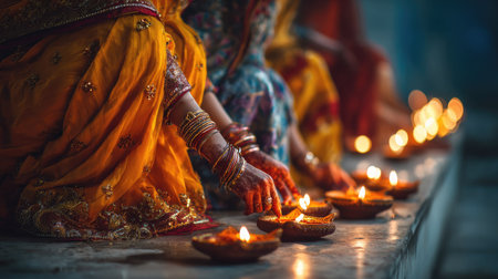 Women in vibrant traditional attire light oil lamps during a festive celebration, creating a warm and joyful ambiance that enhances the beauty of tradition.の素材