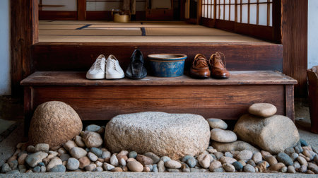 A serene entrance scene showcasing a wooden step adorned with white, black, and brown shoes, complemented by smooth rocks and pebbles.の素材