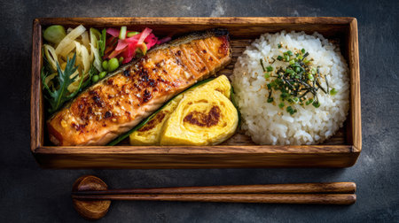 A beautifully arranged salmon bento box featuring grilled salmon, fluffy rice, tamago, pickles, and fresh green vegetables, perfect for any meal.の素材