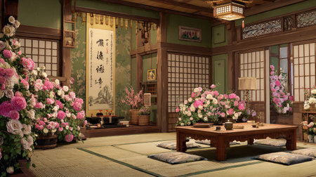 Experience the tranquility of a traditional Japanese room filled with beautiful flower arrangements, inviting decor, and a serene atmosphere perfect for relaxation.の素材