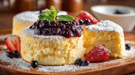 A tempting cheesecake adorned with a rich berry sauce and accompanied by fresh strawberries and blueberries. Perfect for dessert lovers!の素材