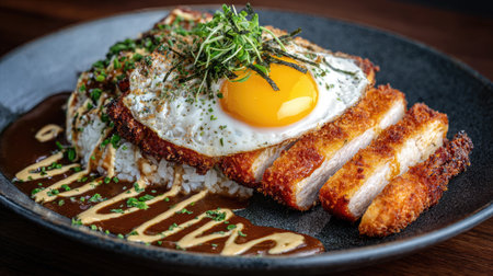 A delicious serving of crispy chicken cutlet atop a bed of rice, complemented by a sunny side up egg and drizzled with savory sauce, perfect for any meal.の素材