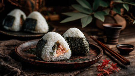 A close-up view of fresh Japanese rice balls with a savory salmon filling, beautifully arranged on a rustic wooden plate, exuding authentic culinary charm.の素材