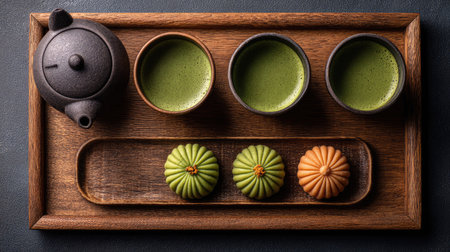 A beautifully arranged traditional Japanese tea set featuring matcha in ceramic cups, complemented by colorful wagashi sweets on a wooden tray, evoking serenity.の素材