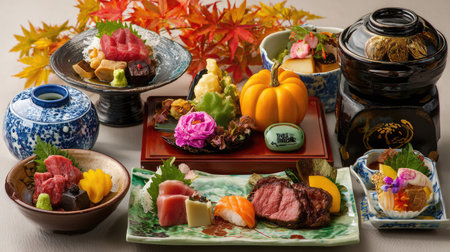 An exquisite arrangement of Japanese dishes showcases sashimi, sushi, and seasonal decorations, highlighting culinary artistry and vibrant colors for a delicious dining experience.の素材