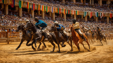 Experience the thrill of a horse racing competition featuring riders in vibrant traditional attire amidst an eager crowd in a sunlit arena.の素材