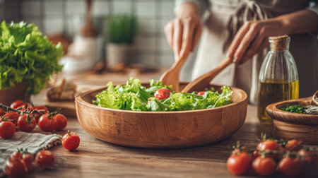A vibrant kitchen scene featuring hands preparing a fresh salad with cherry tomatoes and green lettuce in a wooden bowl, emphasizing healthy cooking.の素材